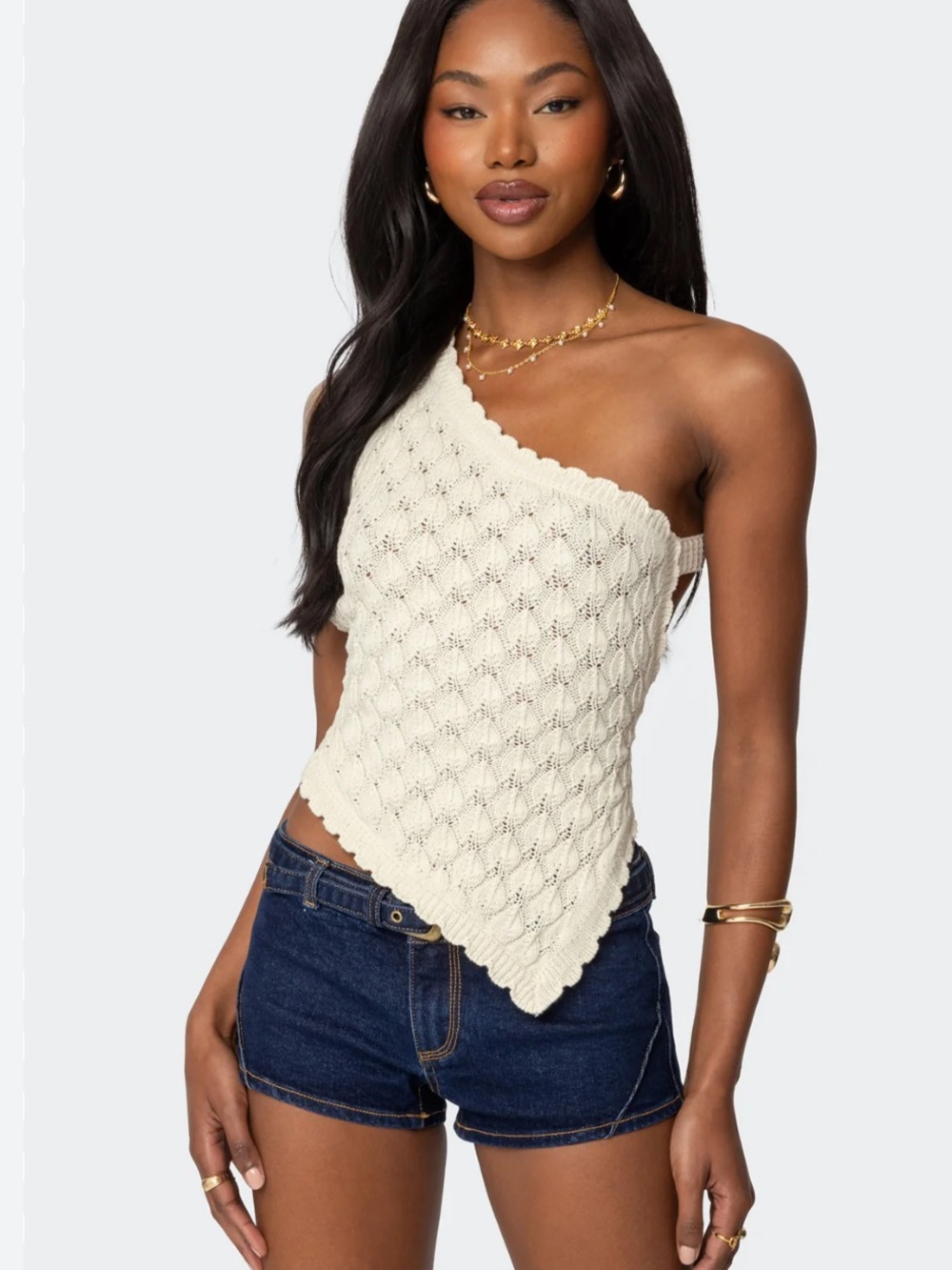 Edikted Cream Cable Knit One-Shoulder Tank